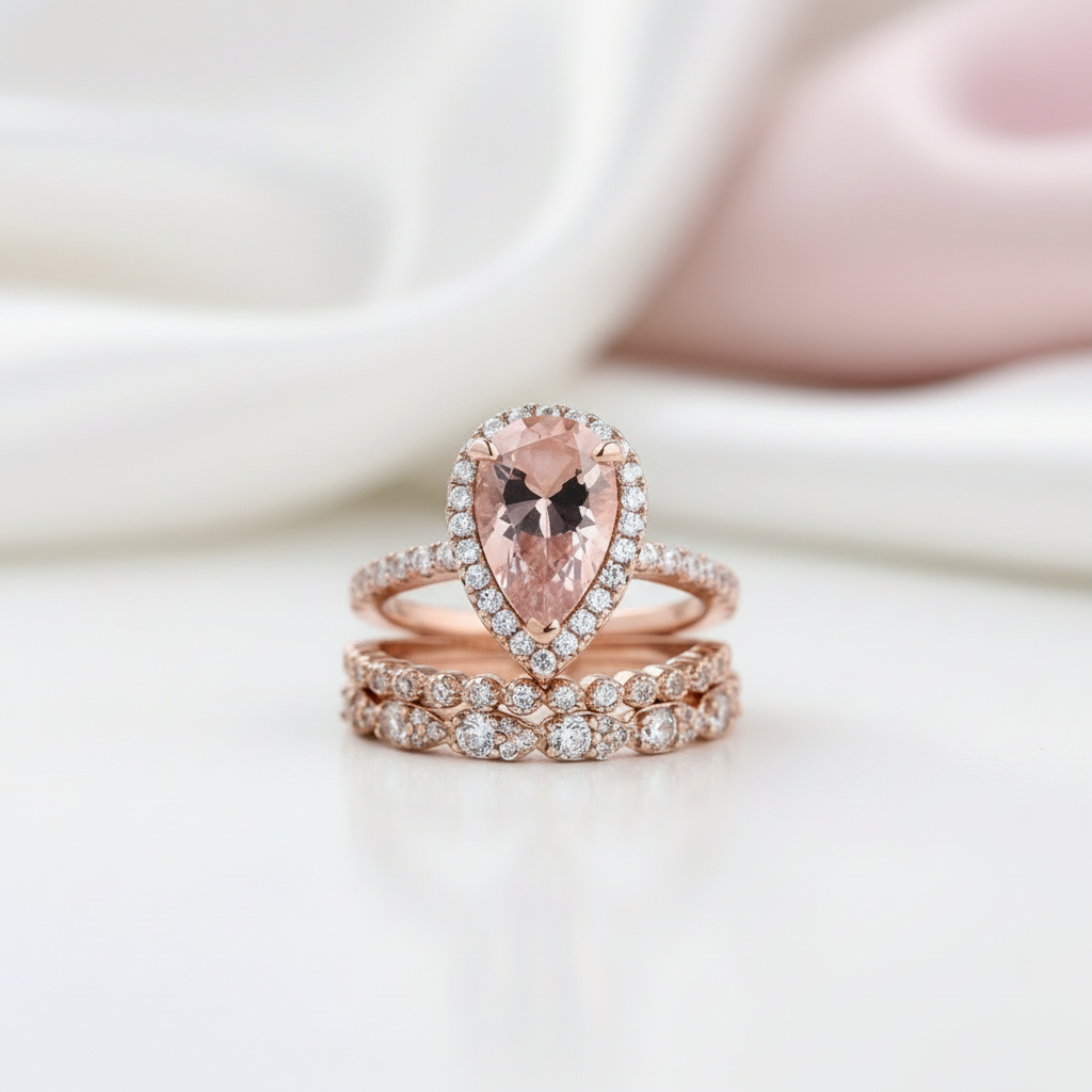 Rose Gold Halo Peachy Pink Simulated Morganite Pear Cut 3pc Ring Set Rose Gold Halo Peachy Pink Simulated Morganite Pear Cut 3pc Ring Set