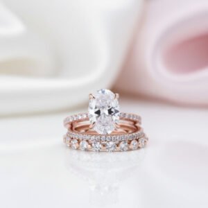 Rose Gold Oval Cut Simulated Diamond Option 3Pcs Wedding Ring Set
