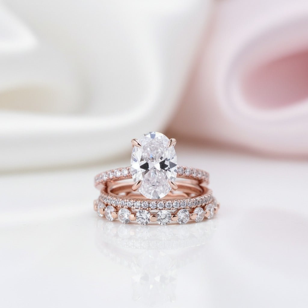 Rose Gold Oval Cut Simulated Diamond Option 3Pcs Wedding Ring Set Rose Gold Oval Cut Simulated Diamond Option 3Pcs Wedding Ring Set
