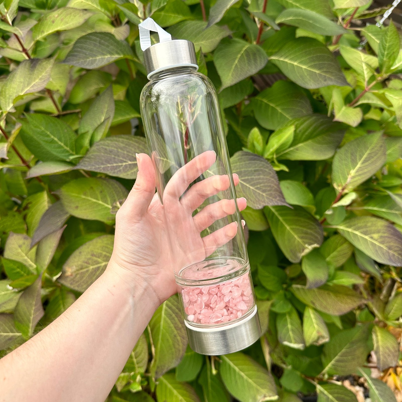 Rose Quartz Gemstone Elixir Glass Water Bottle Rose Quartz Gemstone Elixir Glass Water Bottle