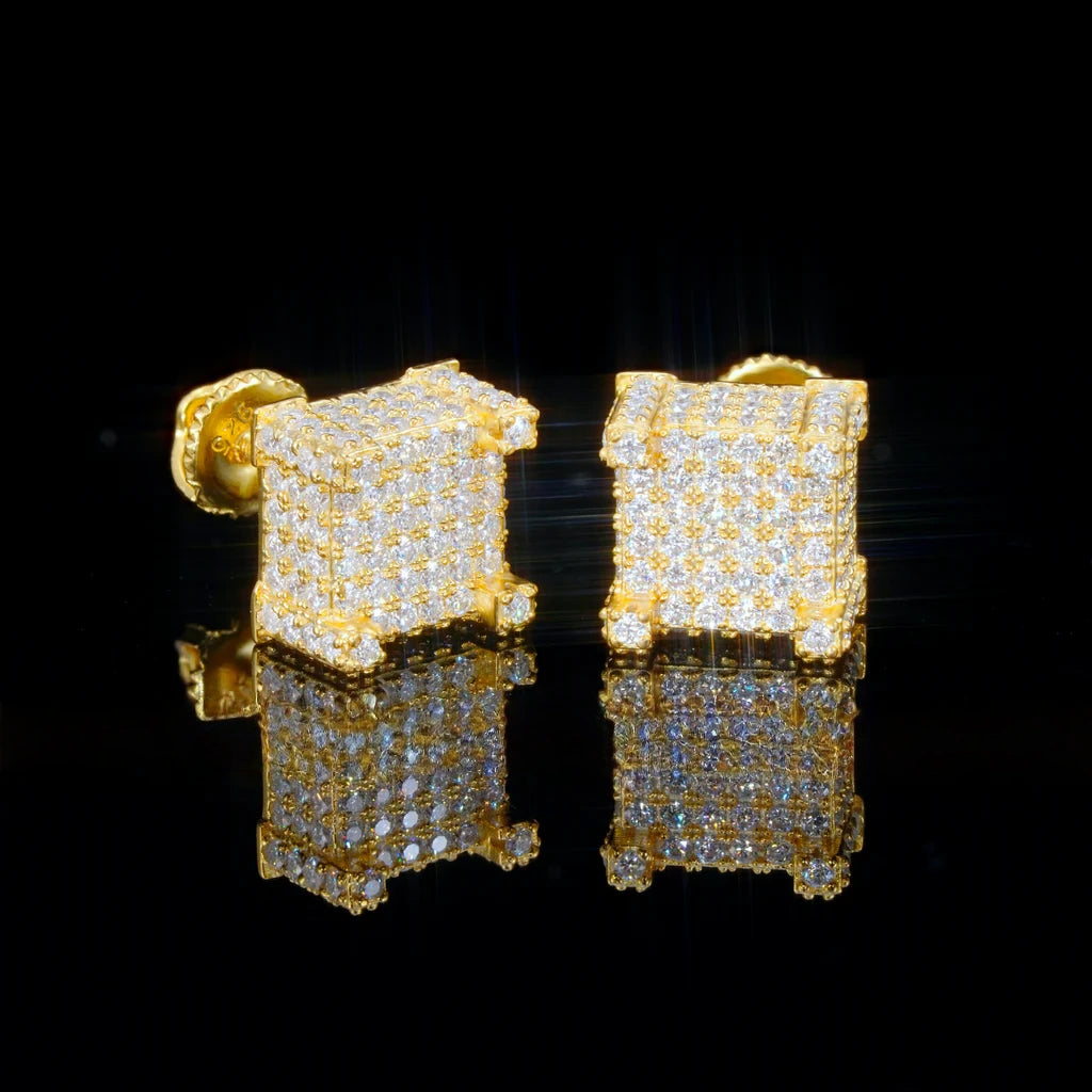 S925 VVS Moissanite Iced 3D Cube Earrings In 18K Gold