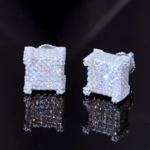 S925 VVS Moissanite Iced 3D Cube Earrings In White Gold