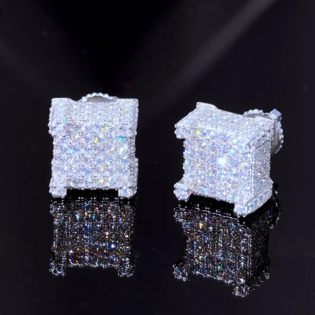 S925 VVS Moissanite Iced 3D Cube Earrings In White Gold