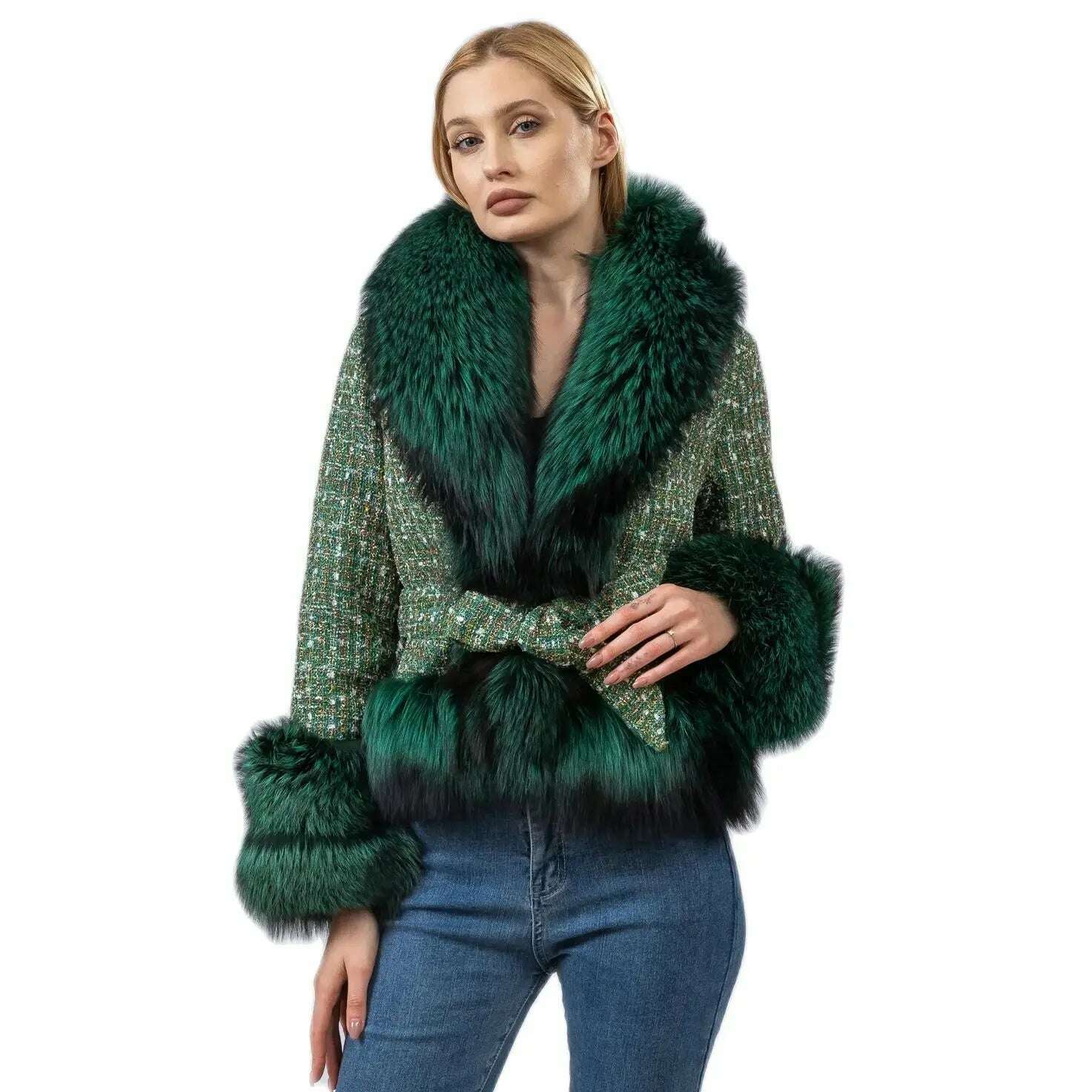 Short Wool Coat With Real Fox Fur Collar And Wide Front Belt And Statement Cuffs — Green | KIMLUD
