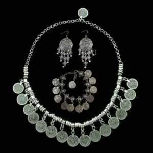 Silver Afghan Coin Tassel Collar Set Necklace Earrings Bracelet — Silver | KIMLUD
