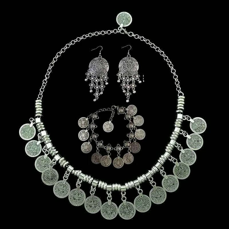 Silver Afghan Coin Tassel Collar Set Necklace Earrings Bracelet — Silver | KIMLUD