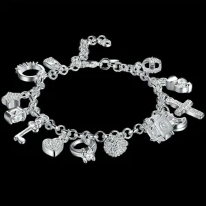 Silver Bracelet Heart Key Pendant With Subtle Zircon Crystals And Delicate Rolo Chain — Silver | KIMLUD