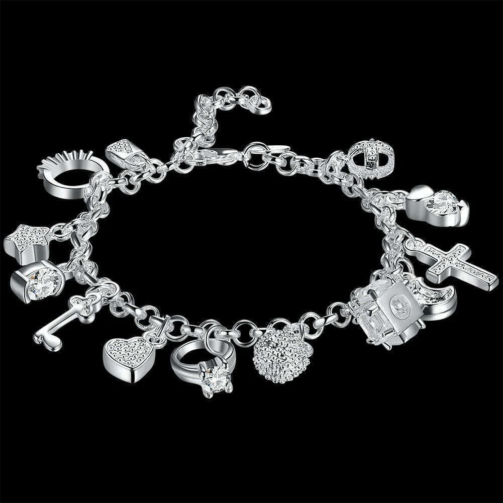 Silver Bracelet Heart Key Pendant With Subtle Zircon Crystals And Delicate Rolo Chain — Silver | KIMLUD