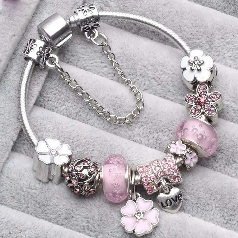 Silver Charm Bracelet Delicate Crystal Beads And Plant-Inspired Charms — Pink | KIMLUD