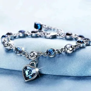 Silver Crystal Heart Charm Bracelet — Blue | KIMLUD