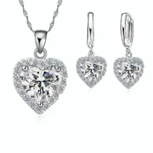 Silver Jewelry Set Heart Crystal Necklace And Earrings — Silver | KIMLUD