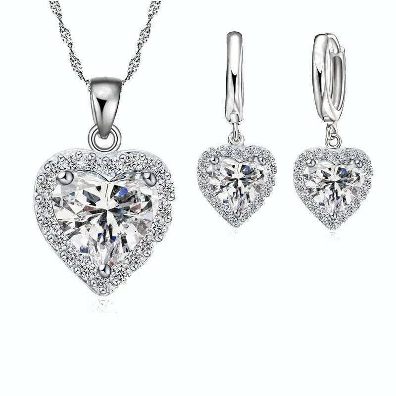 Silver Jewelry Set Heart Crystal Necklace And Earrings — Silver | KIMLUD