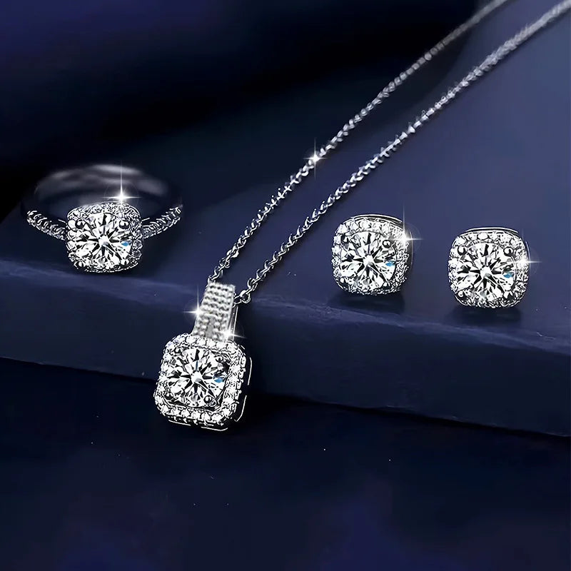 Silver-Tone Jewelry Set — Diamond Halo Necklace Earrings Ring — Silver | KIMLUD