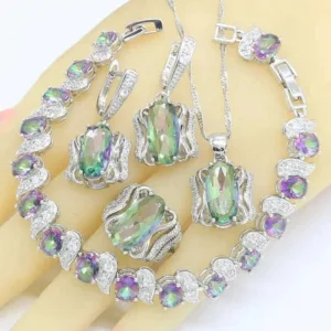 Silver Tone Jewelry Set Rainbow Multi Color Topaz — Silver | KIMLUD