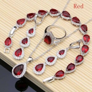 Silver Water Drop Jewelry Set With Ruby And White Topaz — Red | KIMLUD