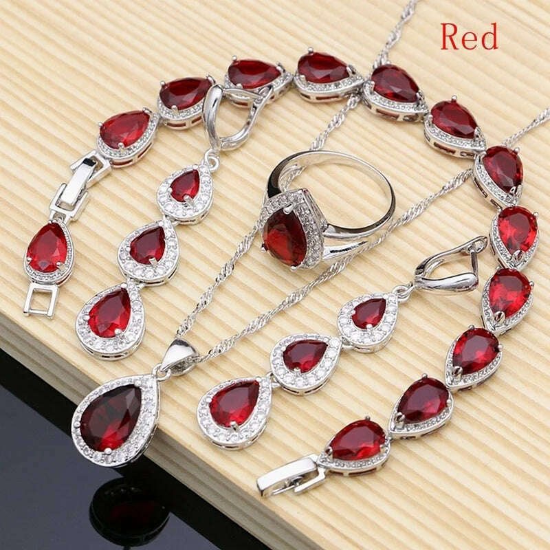 Silver Water Drop Jewelry Set With Ruby And White Topaz — Red | KIMLUD