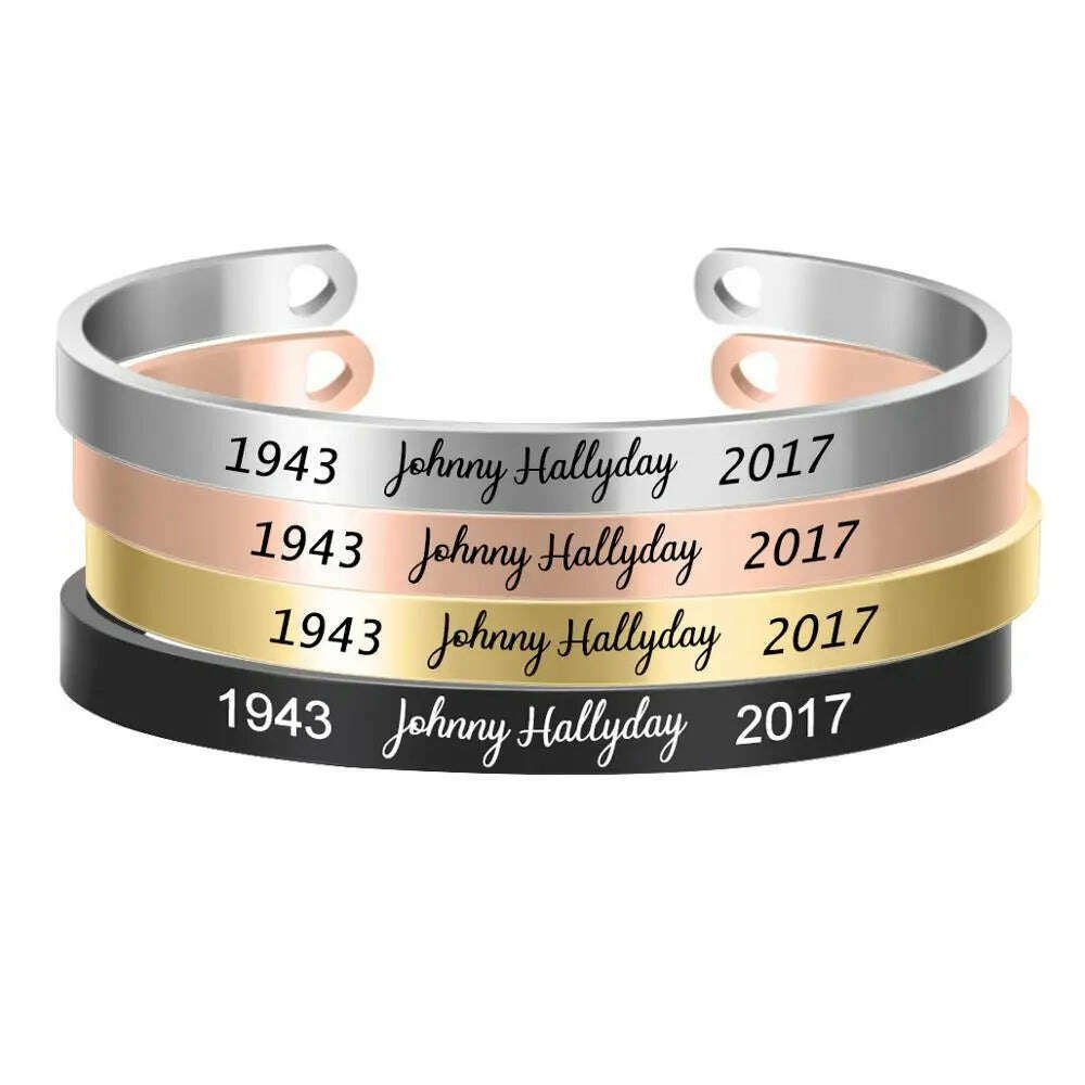 Stainless Steel Bangle 6mm Customizable Memorial Inspired by Johnny Hallyday — Silver | KIMLUD