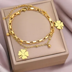 Stainless Steel Bracelet Bell Clover Pendant — Gold | KIMLUD