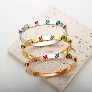 Stainless Steel Bracelet Colorful Zircon Heart — Silver | KIMLUD