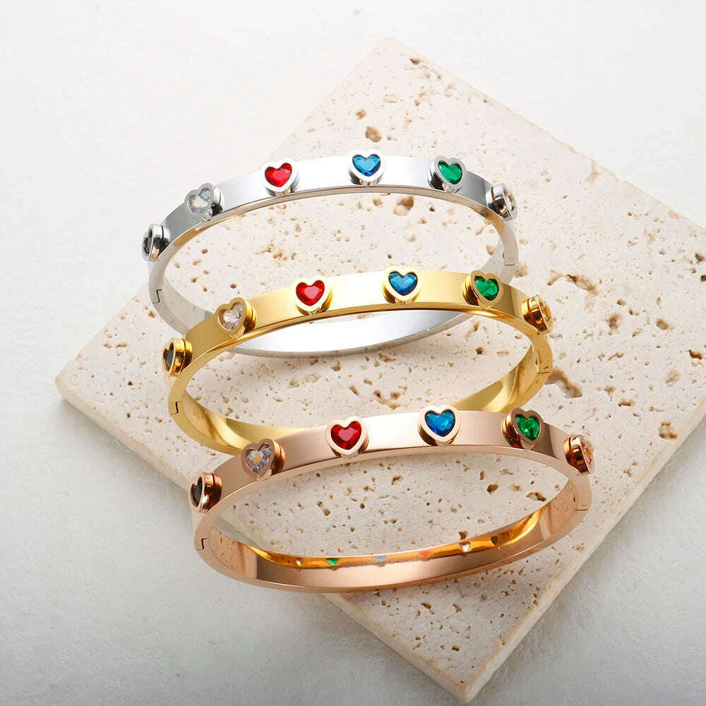 Stainless Steel Bracelet Colorful Zircon Heart — Silver | KIMLUD
