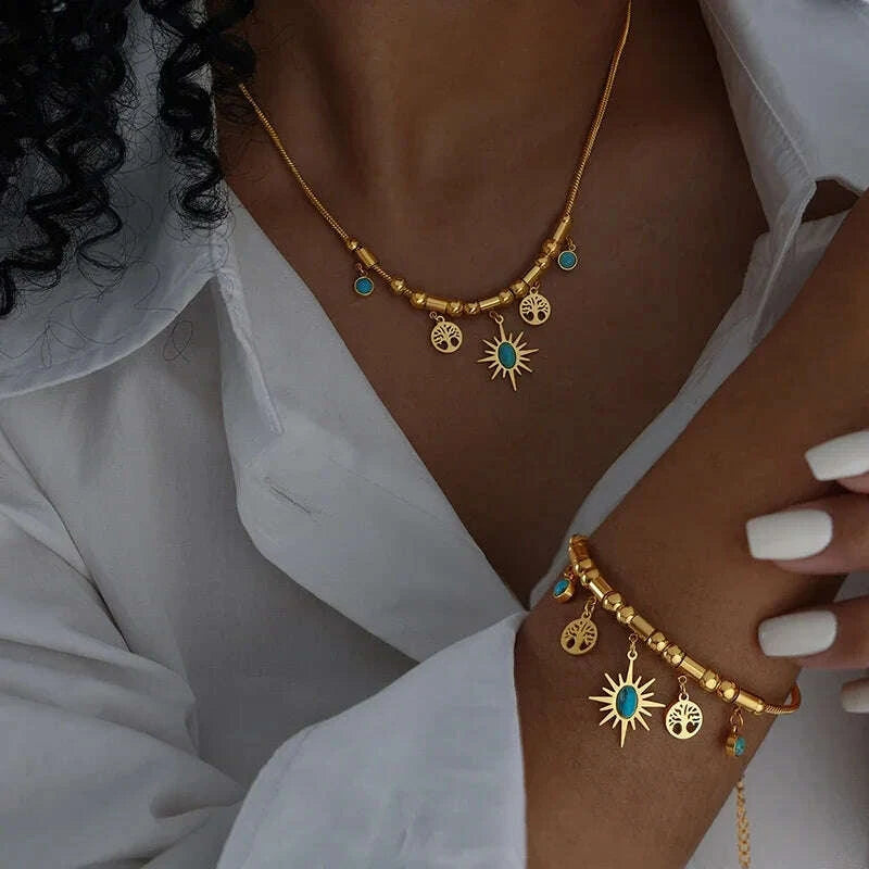 Stainless Steel Bracelet Necklace Set Emerald Green Stones — Emerald | KIMLUD