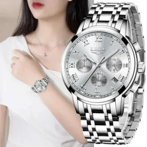Stainless Steel Bracelet Watch Chronograph Quartz Water-Resistant 3Bar Dial — Silver | KIMLUD