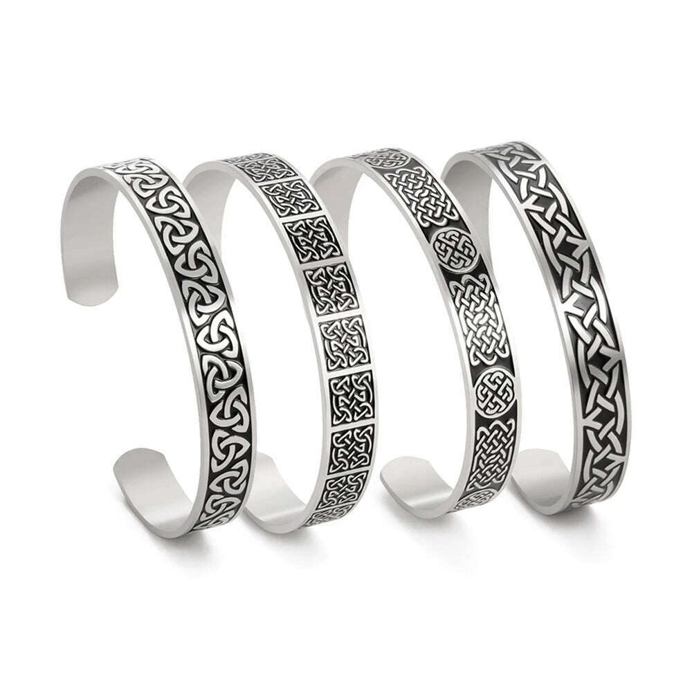 Stainless Steel Cuff Bangle Triquetra Celtic Knots — Silver | KIMLUD