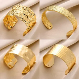 Stainless Steel Cuff Bracelet Wrinkle-Texture Opening — Gold | KIMLUD