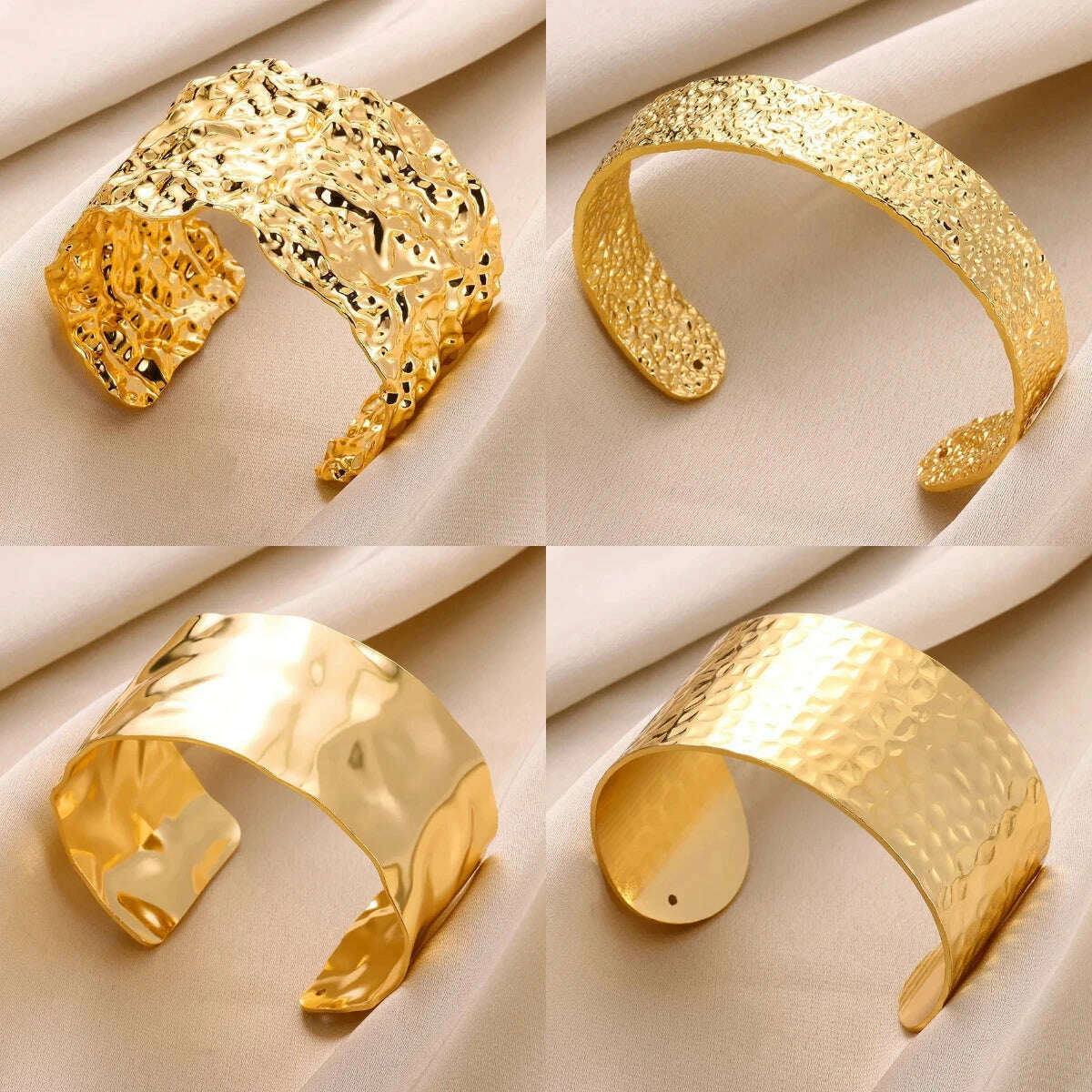 Stainless Steel Cuff Bracelet Wrinkle-Texture Opening — Gold | KIMLUD