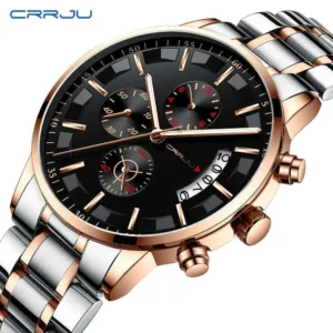 Stainless Steel Gents Quartz Watch Two-Tone Bracelet Luminous Hands Calendar — Black | KIMLUD