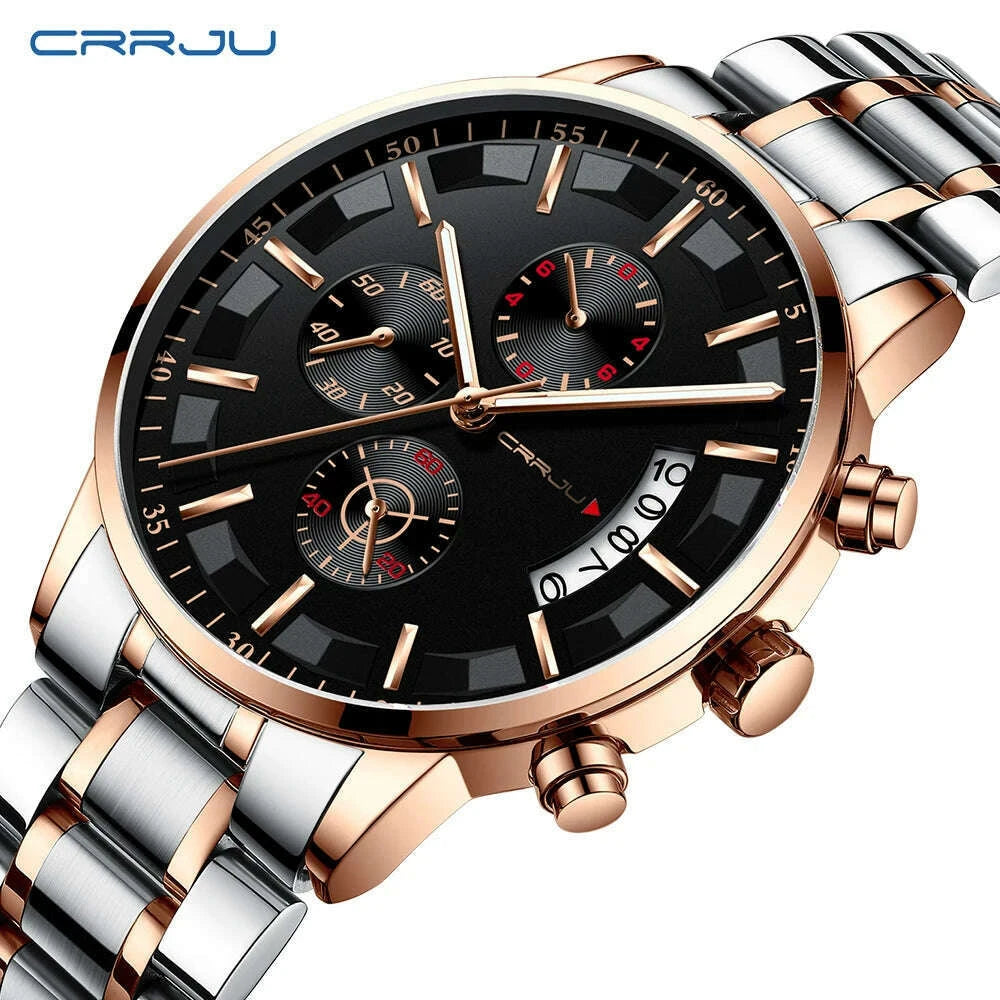 Stainless Steel Gents Quartz Watch Two-Tone Bracelet Luminous Hands Calendar — Black | KIMLUD
