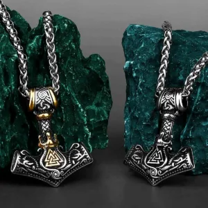 Stainless Steel Necklace Mjolnir Valknut Rune Pendant Timeless Viking Amulet — Silver | KIMLUD