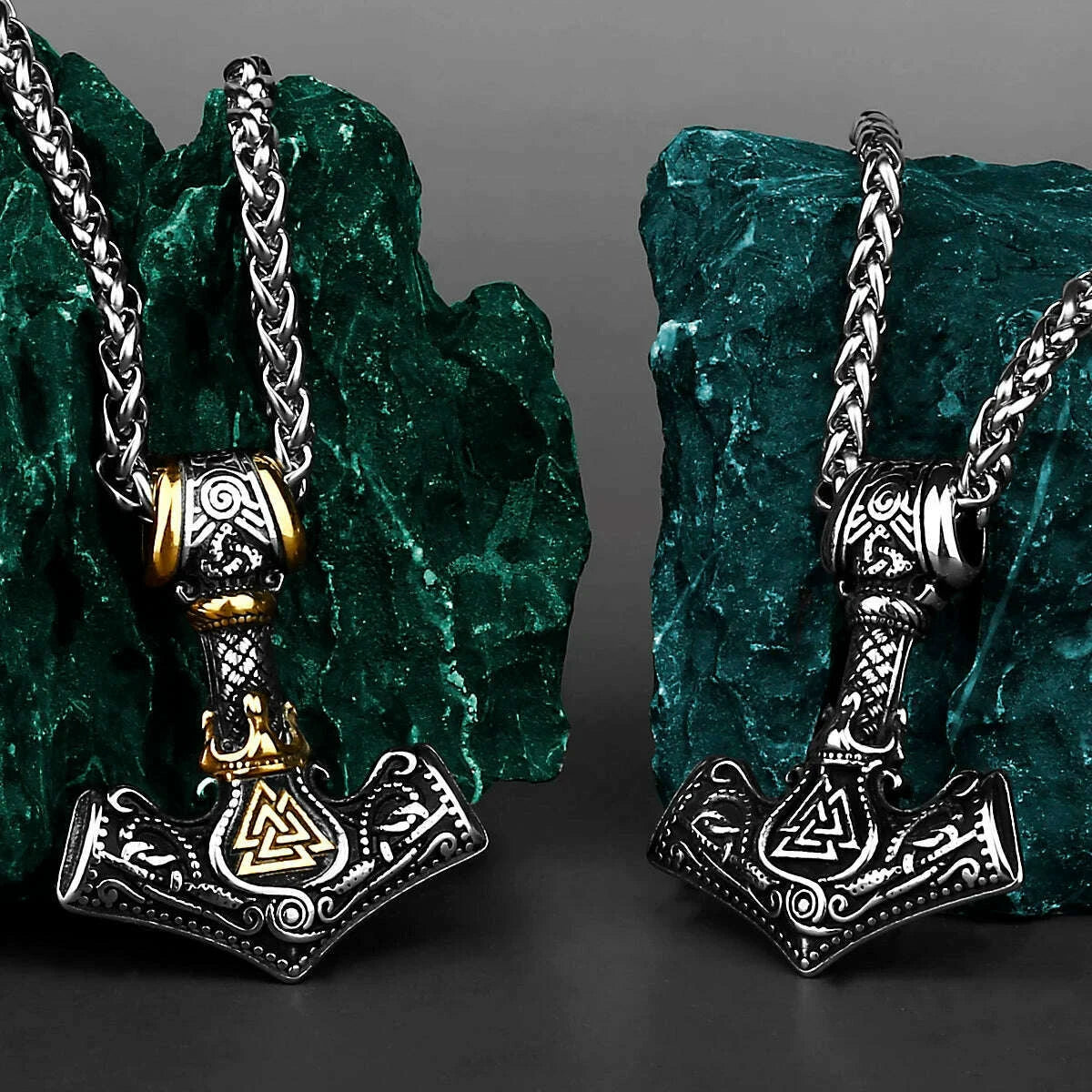 Stainless Steel Necklace Mjolnir Valknut Rune Pendant Timeless Viking Amulet — Silver | KIMLUD