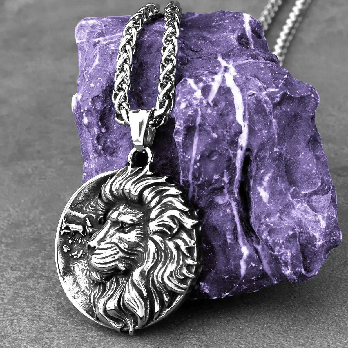 Stainless Steel Necklace Nordic Vikings Lion Pendant — Silver | KIMLUD