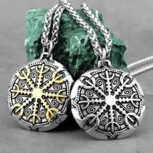 Stainless Steel Necklace Viking Helm Rune Pendant With Vintage Finish — Silver | KIMLUD