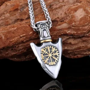 Stainless Steel Pendant Necklace Viking Rune Compass With Curb Chain — Silver | KIMLUD