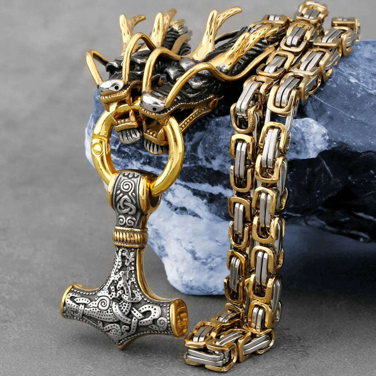 Stainless Steel Pendant Necklace Viking Thor Hammer Dragon Head Square — Gold | KIMLUD