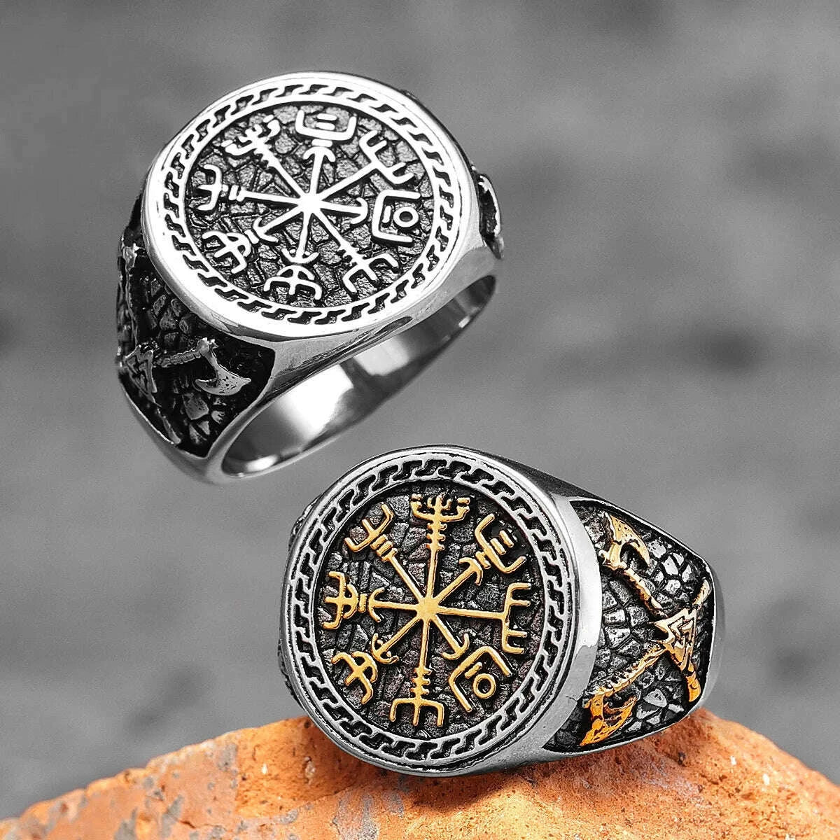 Stainless Steel Ring Viking Ax Retro Totem — Silver | KIMLUD