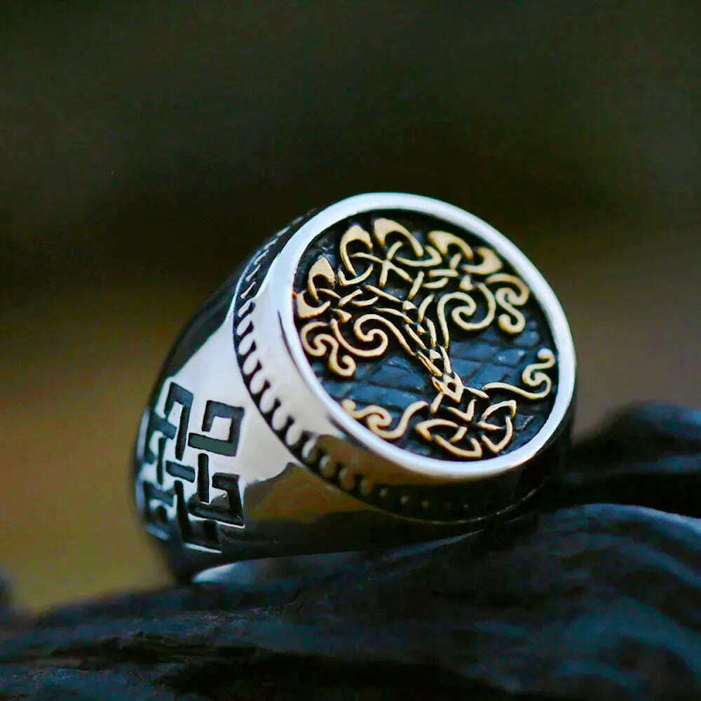Stainless Steel Ring Viking Yggdrasil Knotwork — Antique Silver | KIMLUD