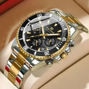 Stainless Steel Sports Watch Two-Tone Bracelet Chronograph Quartz Movement — Black | KIMLUD