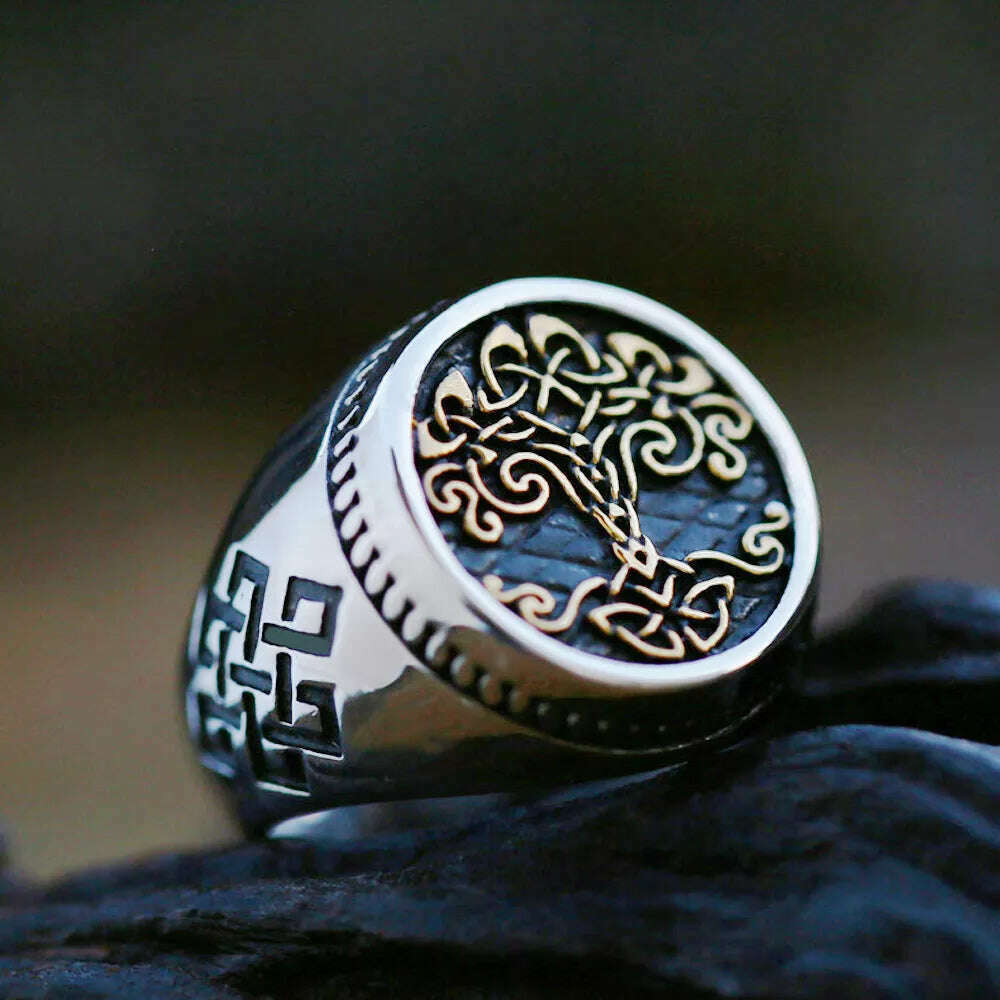 Stainless Steel Tree Of Life Viking Ring With Intricate Amulet Motif — Silver | KIMLUD