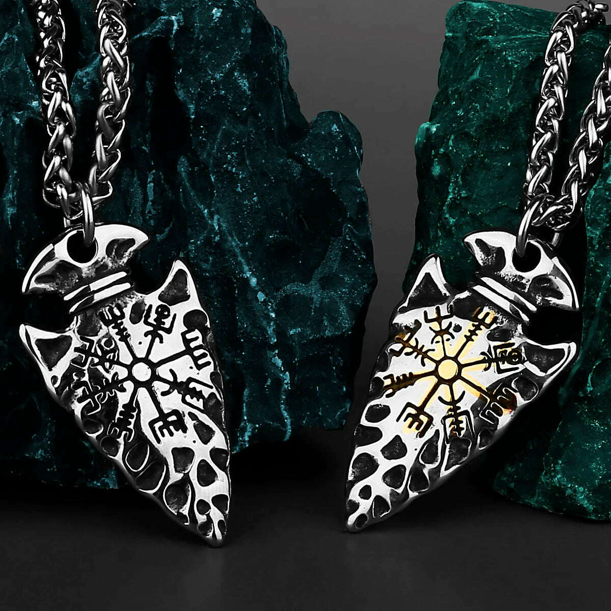 Stainless Steel Vegvisir Pendant Necklace Spear Compass Viking Rune Amulet — Silver | KIMLUD