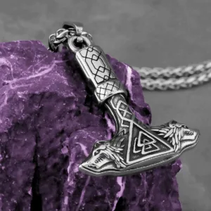 Stainless Steel Viking Necklace Thor's Hammer Pendant — Silver | KIMLUD
