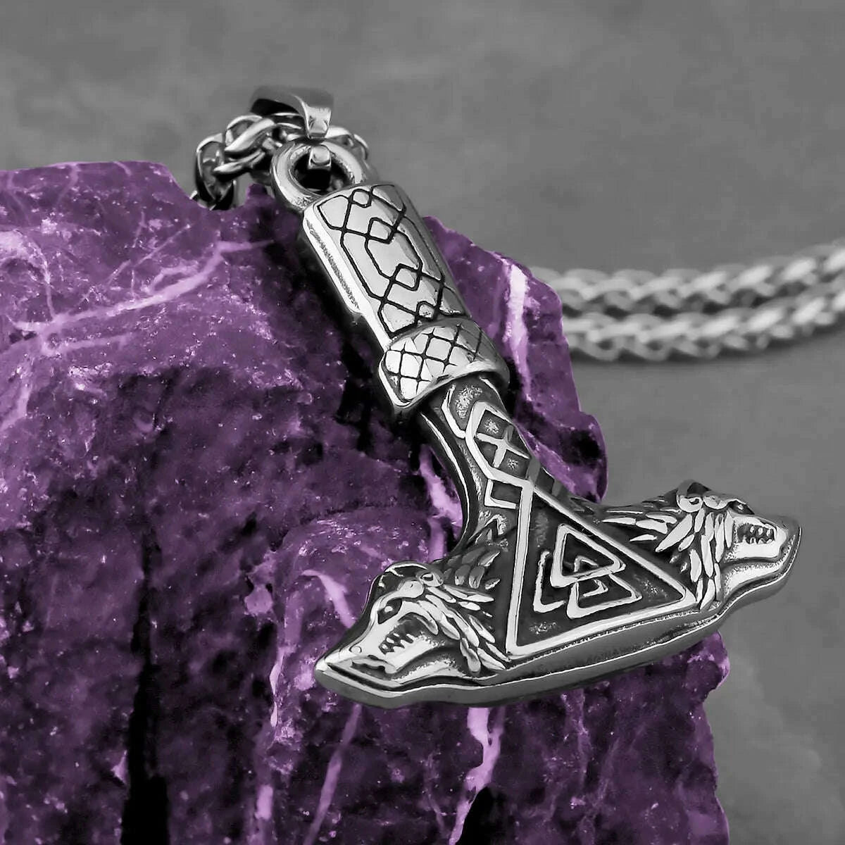 Stainless Steel Viking Necklace Thor’s Hammer Pendant — Silver | KIMLUD