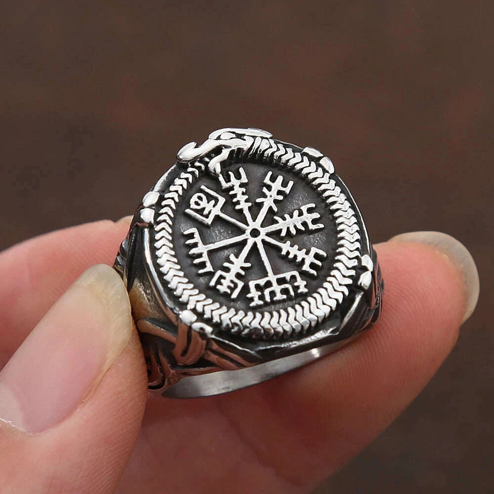 Stainless Steel Viking Ring Helm Of Awe Compass Ethnic Nordic Symbol — Silver | KIMLUD Stainless Steel Viking Ring Helm Of Awe Compass Ethnic Nordic Symbol — Silver | KIMLUD