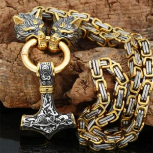 Stainless Steel Viking Wolf Head Necklace — Two-Tone Gunmetal with Gold Accents | KIMLUD