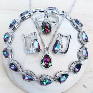 Sterling Silver 925 Bridal Jewelry Set Rainbow CZ — Silver | KIMLUD