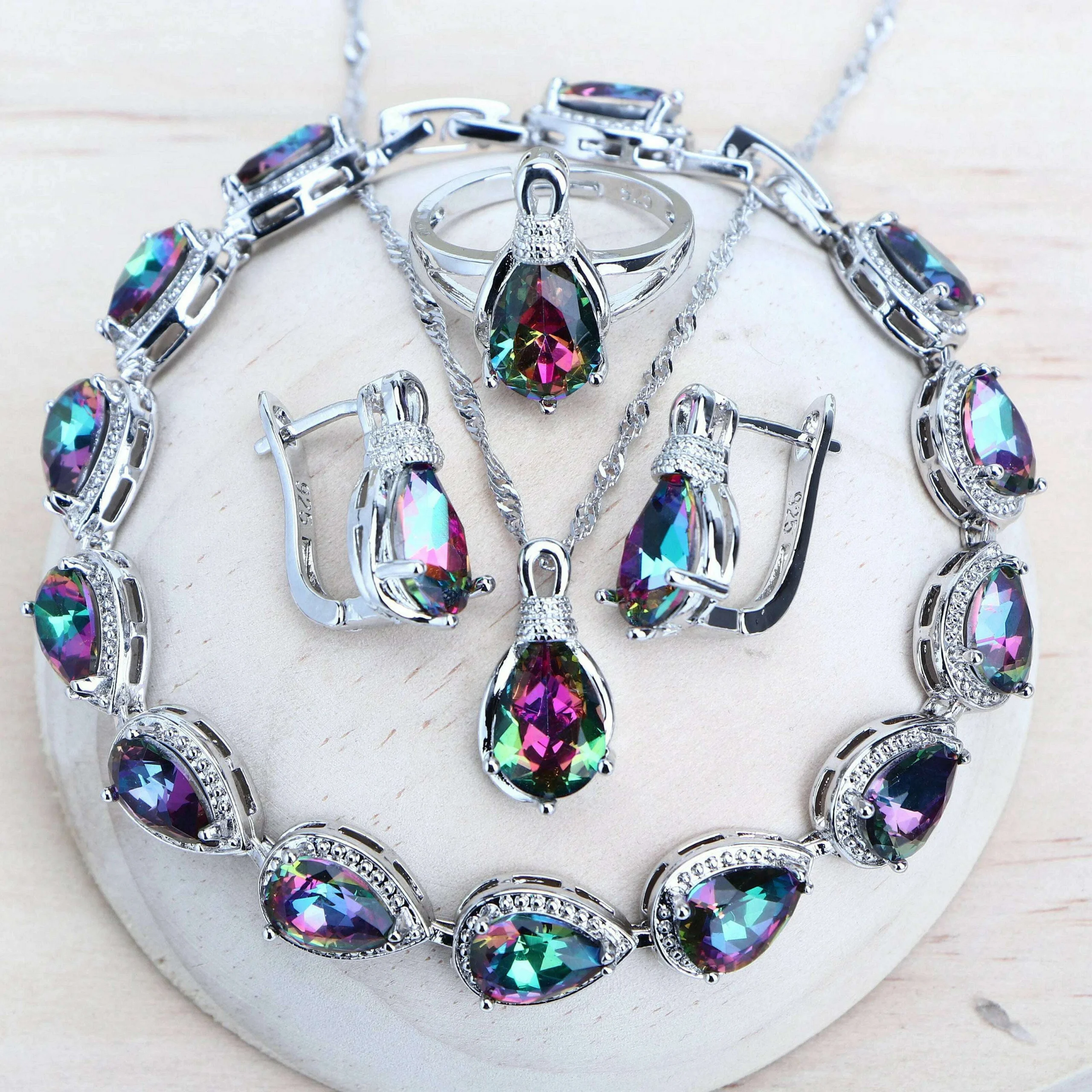 Sterling Silver 925 Bridal Jewelry Set Rainbow CZ — Silver | KIMLUD