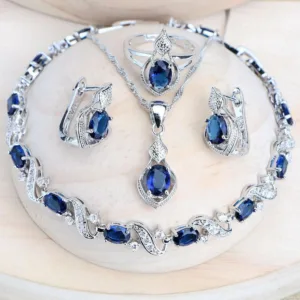 Sterling Silver 925 Bridal Jewelry Sets Handmade With Blue Cubic Zirconia — Blue | KIMLUD