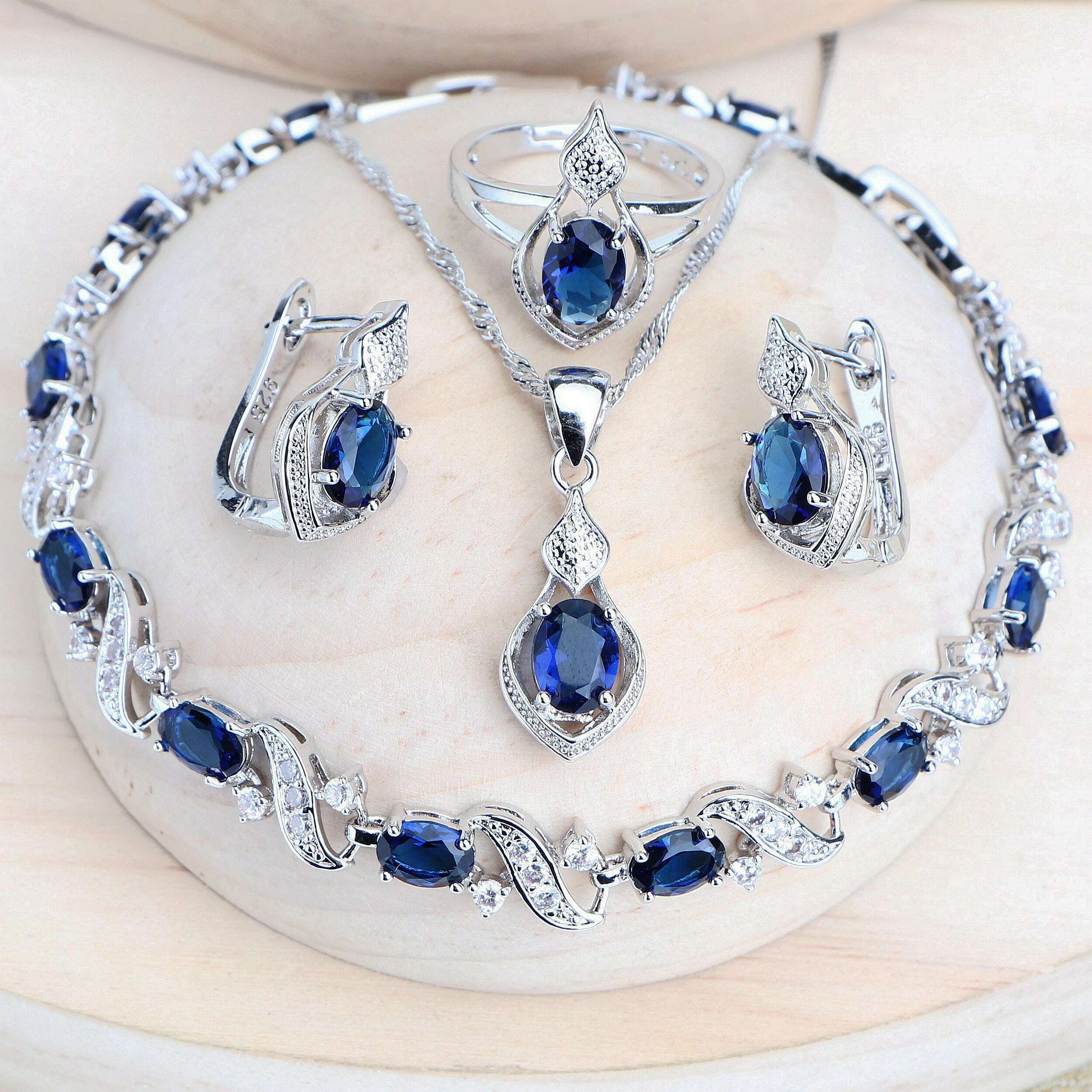 Sterling Silver 925 Bridal Jewelry Sets Handmade With Blue Cubic Zirconia — Blue | KIMLUD